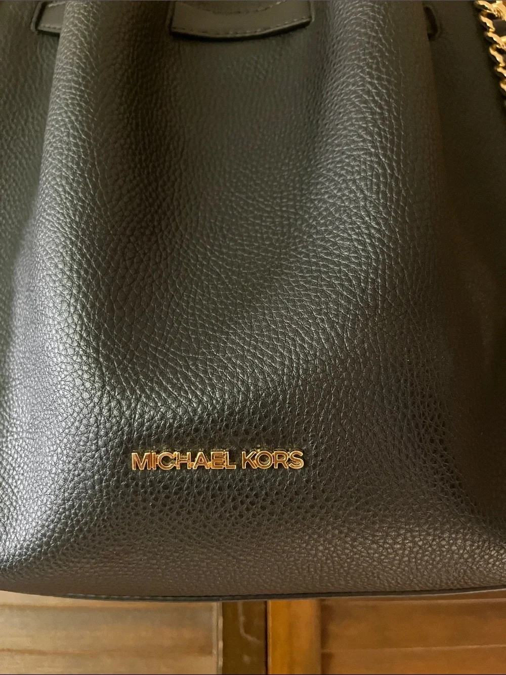 Michael Kors Black Pebbled Leather Bucket Shoulder Bag with Gold Chain Trim